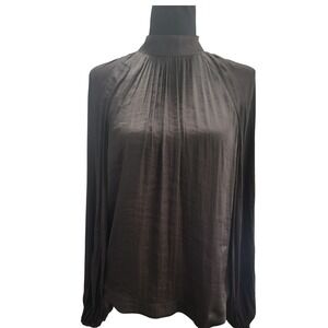 Gap Womens Brown Satin Pleated Mock Neck Blouse Long Sleeve Keyhole Back Size S